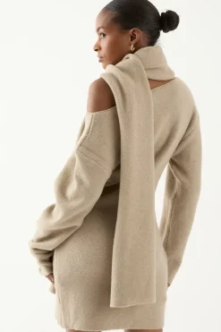 Knitted Slash Neck Scarf Detail Mini Dress