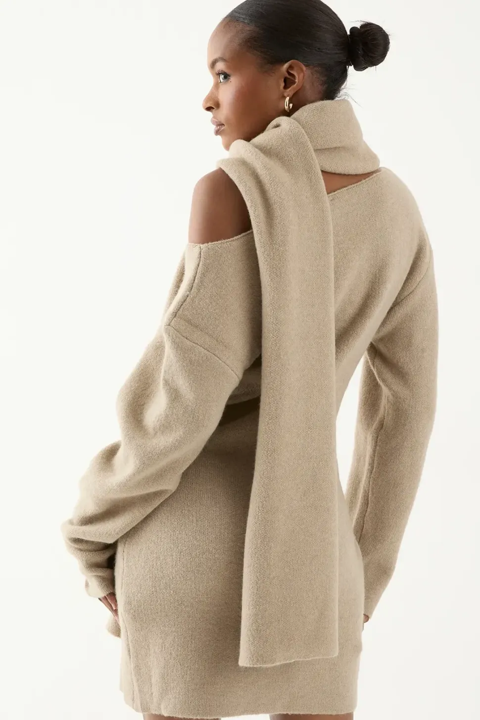 Knitted Slash Neck Scarf Detail Mini Dress