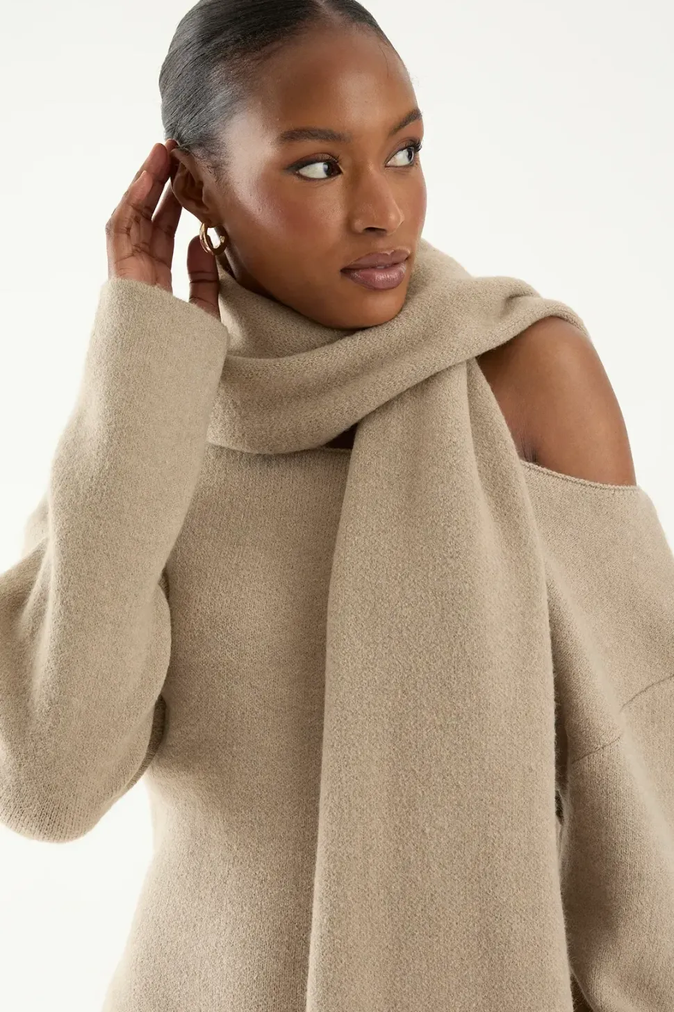 Knitted Slash Neck Scarf Detail Mini Dress