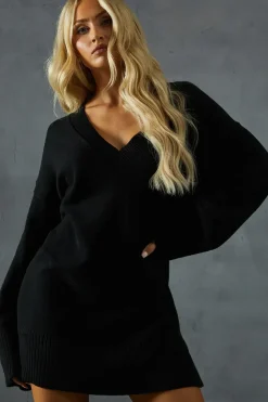 Knitted V Neck Ribbed Collar Split Side Mini Dress