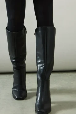 Kylene Faux Leather Back Stretch Square Toe High Block Heel Knee Boot