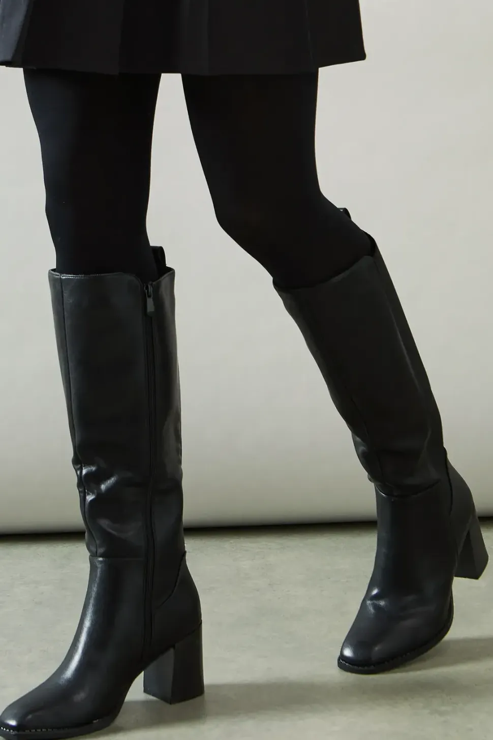 Kylene Faux Leather Back Stretch Square Toe High Block Heel Knee Boot