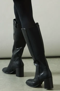 Kylene Faux Leather Back Stretch Square Toe High Block Heel Knee Boot