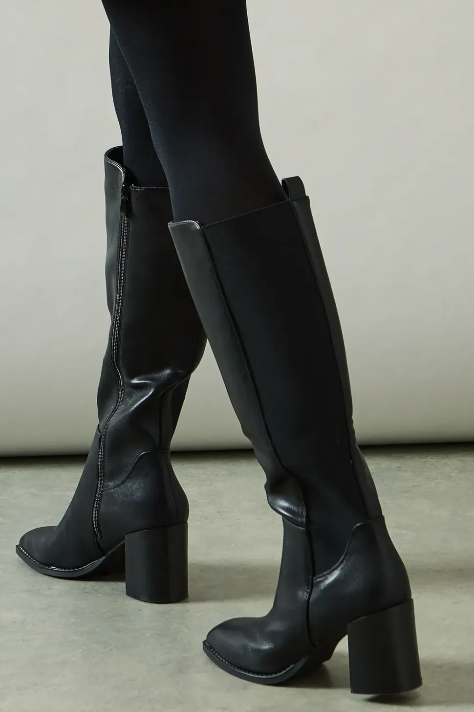 Kylene Faux Leather Back Stretch Square Toe High Block Heel Knee Boot