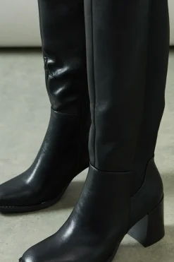 Kylene Faux Leather Back Stretch Square Toe High Block Heel Knee Boot