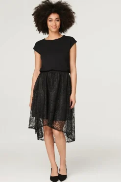 Lace Asymmetric Hem Midi Skirt
