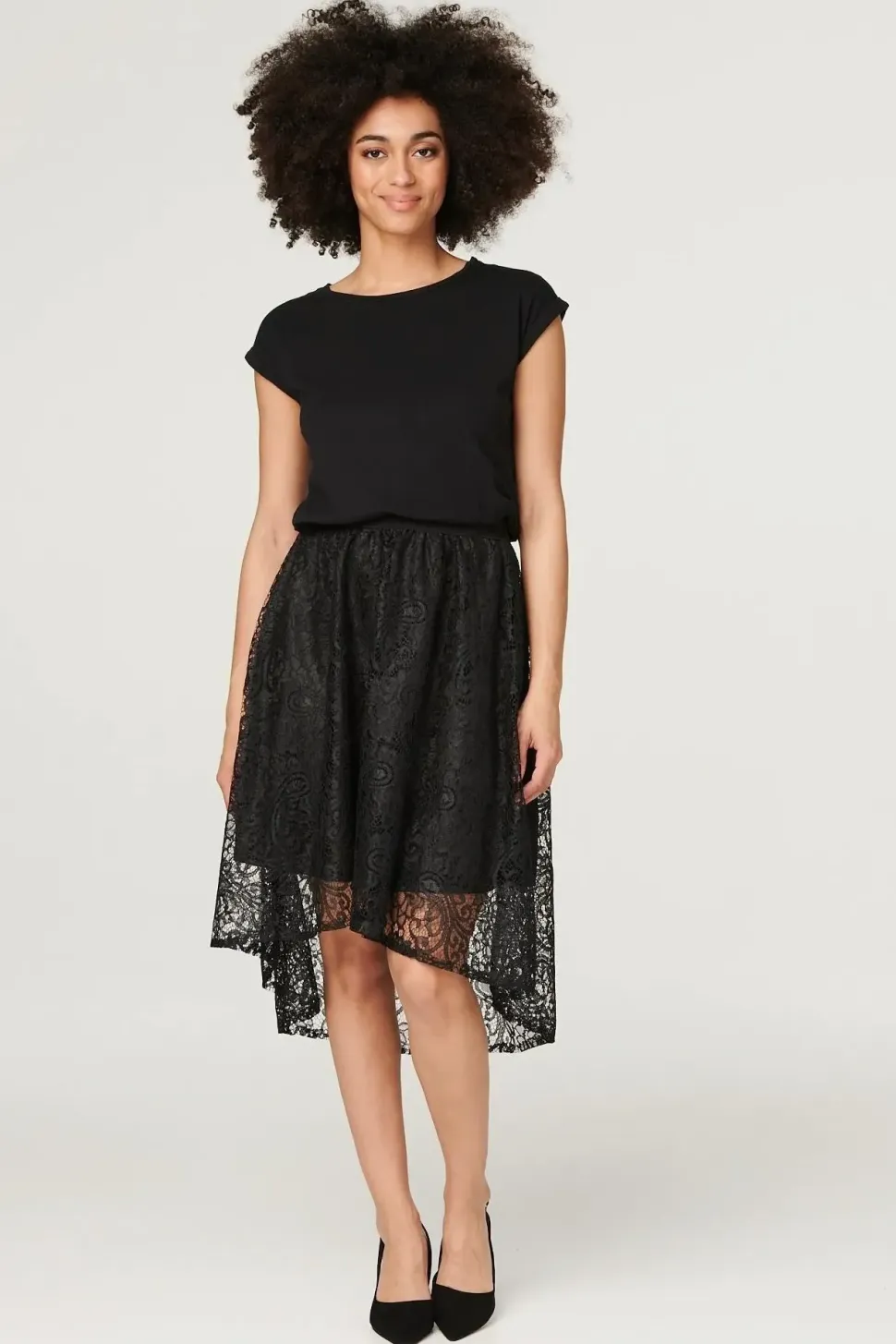 Lace Asymmetric Hem Midi Skirt