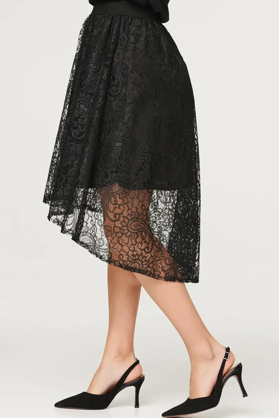 Lace Asymmetric Hem Midi Skirt