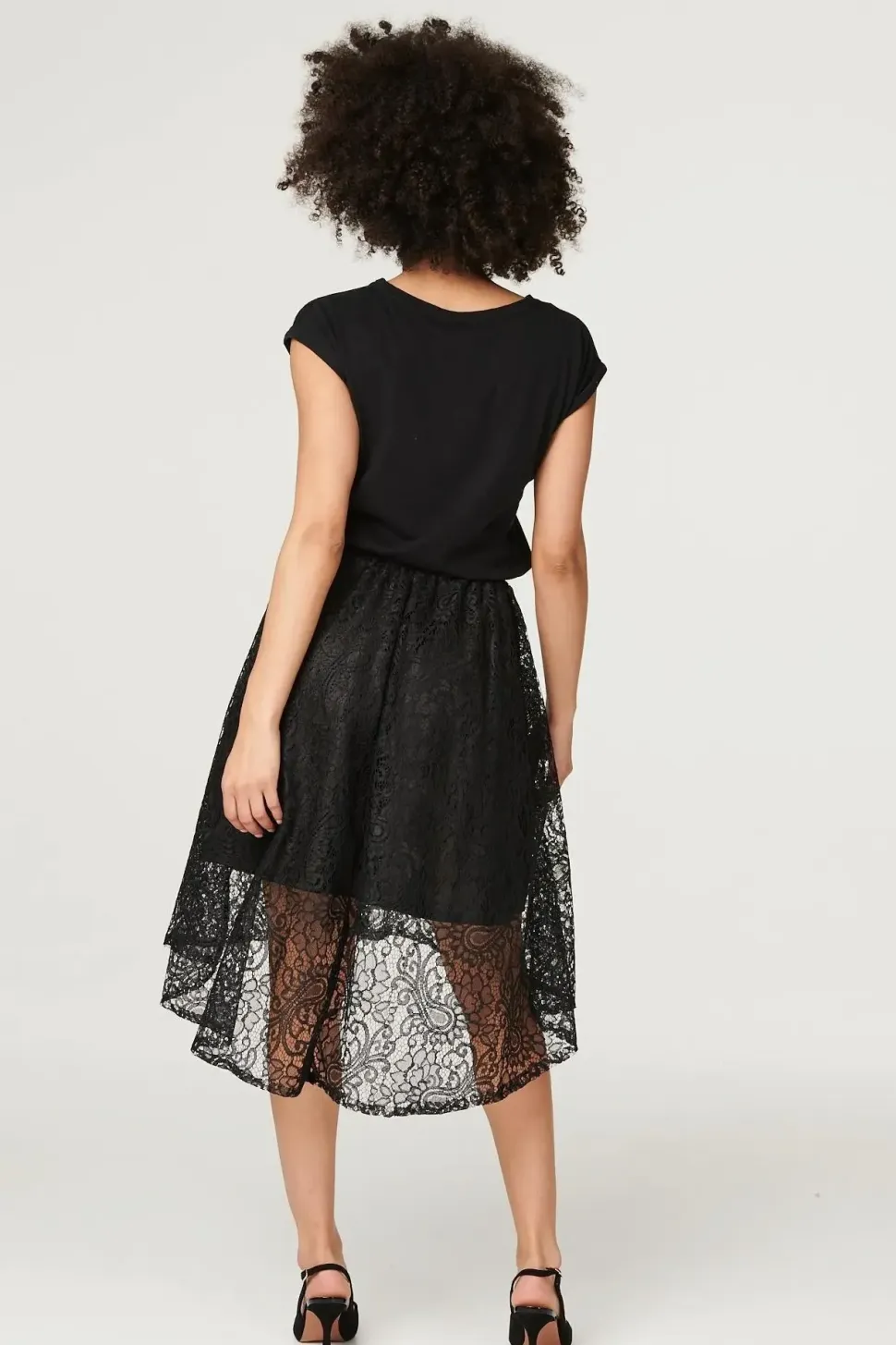 Lace Asymmetric Hem Midi Skirt