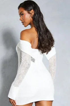Lace Bardot Cuff Detail Bodycon Mini Dress