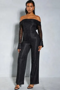 Lace Bardot Cuff Detail Straight Leg Jumpsuit