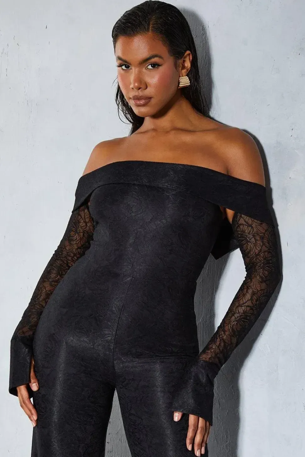 Lace Bardot Cuff Detail Straight Leg Jumpsuit