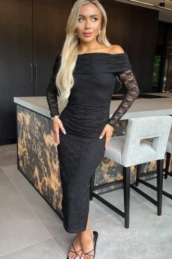 Lace Bardot Long Sleeve Ruched Bodycon Midi Dress