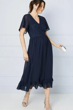 Lace Bodice Angel Sleeve Ruffle Hem Midi Dress