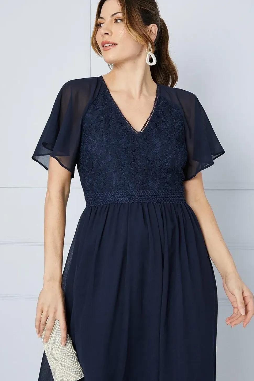 Lace Bodice Angel Sleeve Ruffle Hem Midi Dress