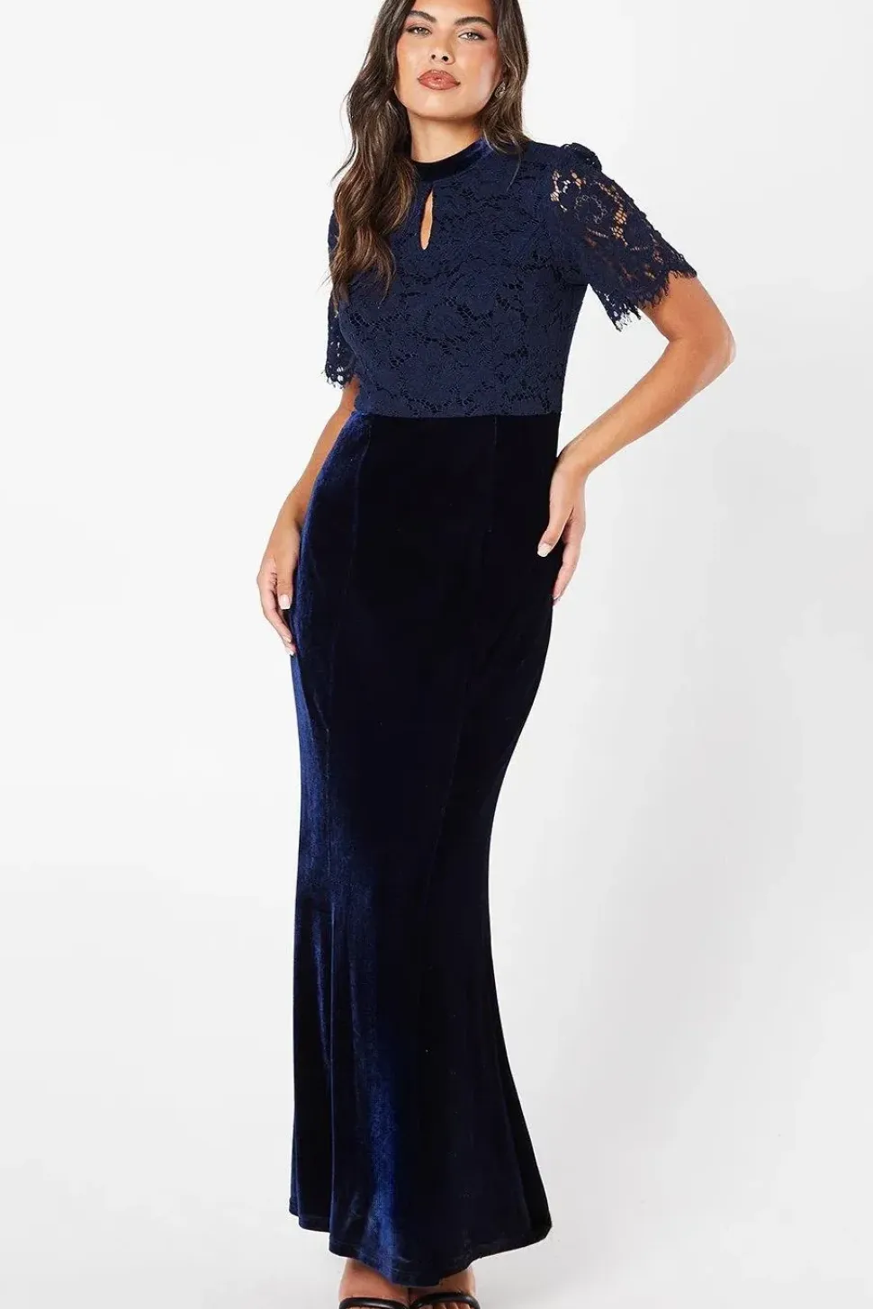 Lace Bodice Keyhole Detail Velvet Skirt Maxi Dress