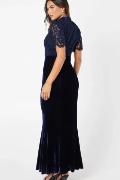 Lace Bodice Keyhole Detail Velvet Skirt Maxi Dress