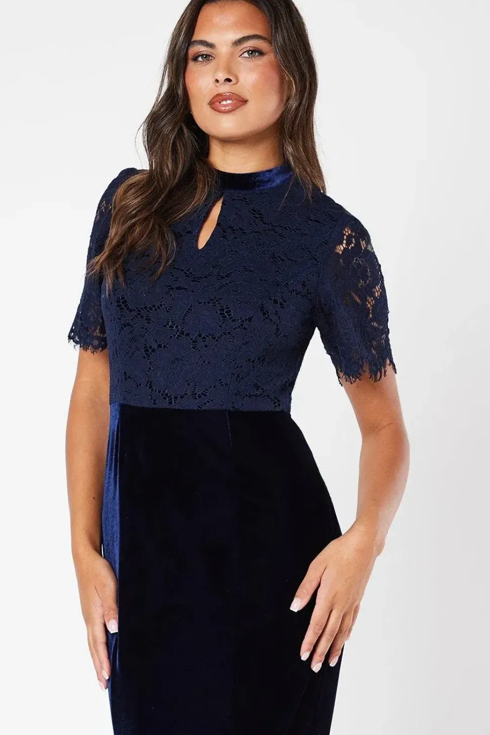 Lace Bodice Keyhole Detail Velvet Skirt Maxi Dress