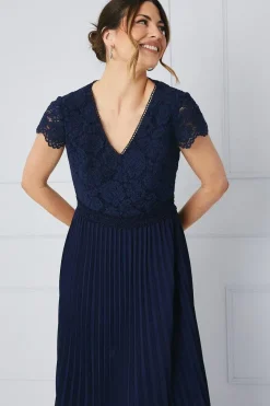 Lace Bodice Pleated Maxi Dress