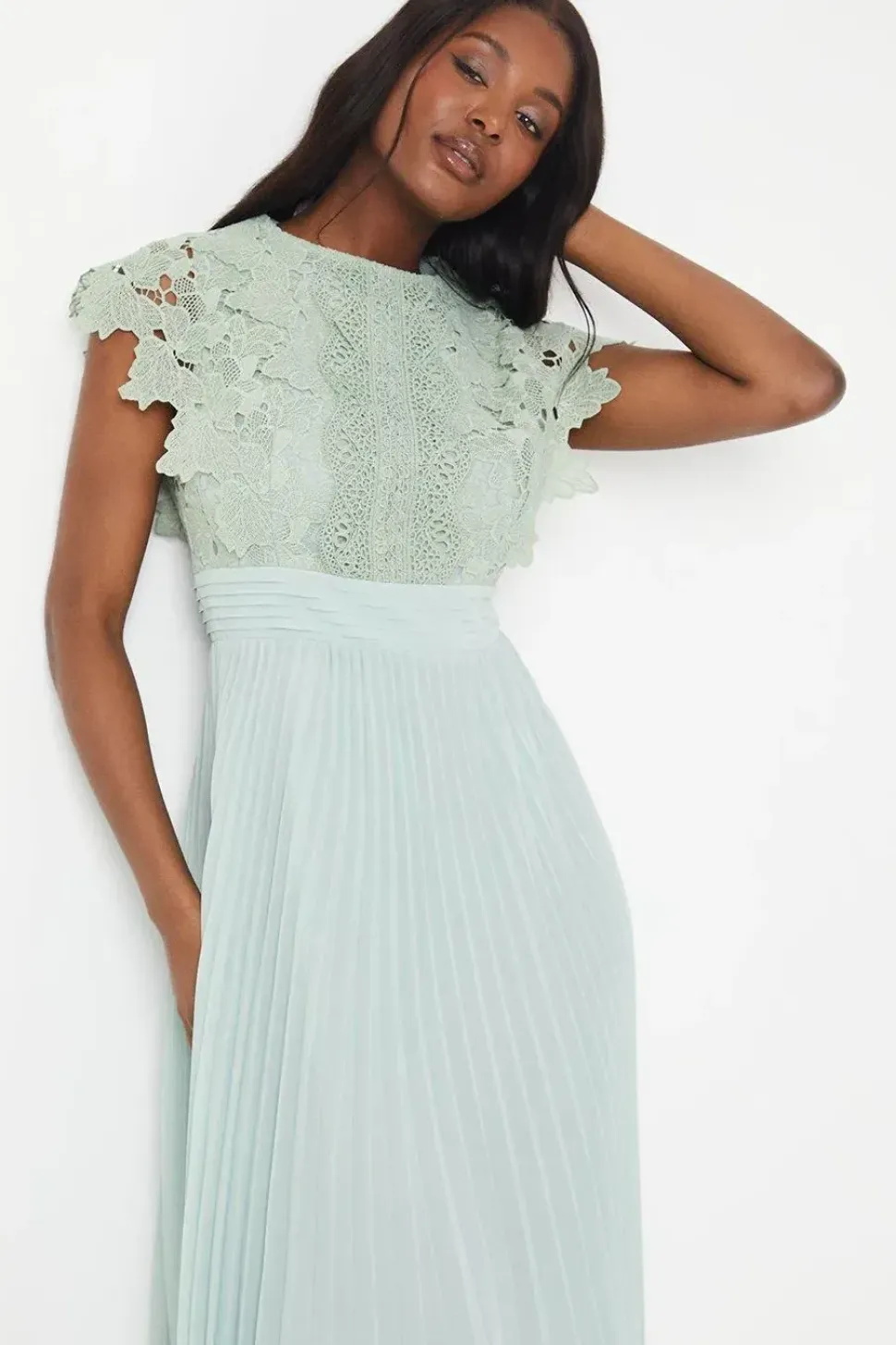 Lace Bodice Pleat Skirt Midi Dress
