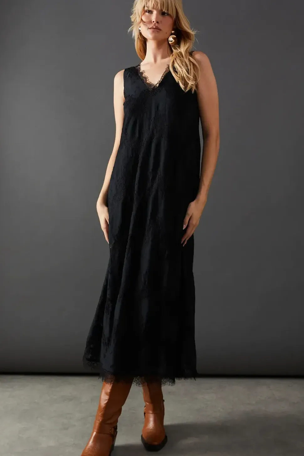 Lace Burnout V Neck Trapeze Midi Dress