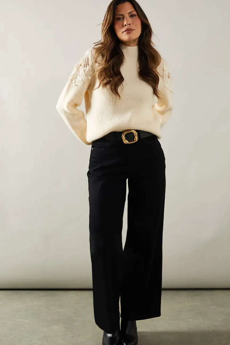 Lace Cold Shoulder Detail High Neck Jumper