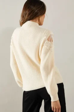 Lace Cold Shoulder Detail High Neck Jumper