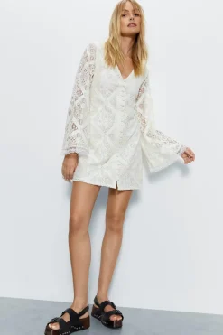Lace Covered Button Flared Sleeve Mini Dress