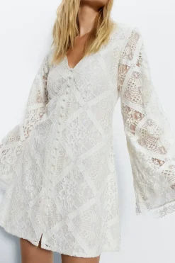 Lace Covered Button Flared Sleeve Mini Dress