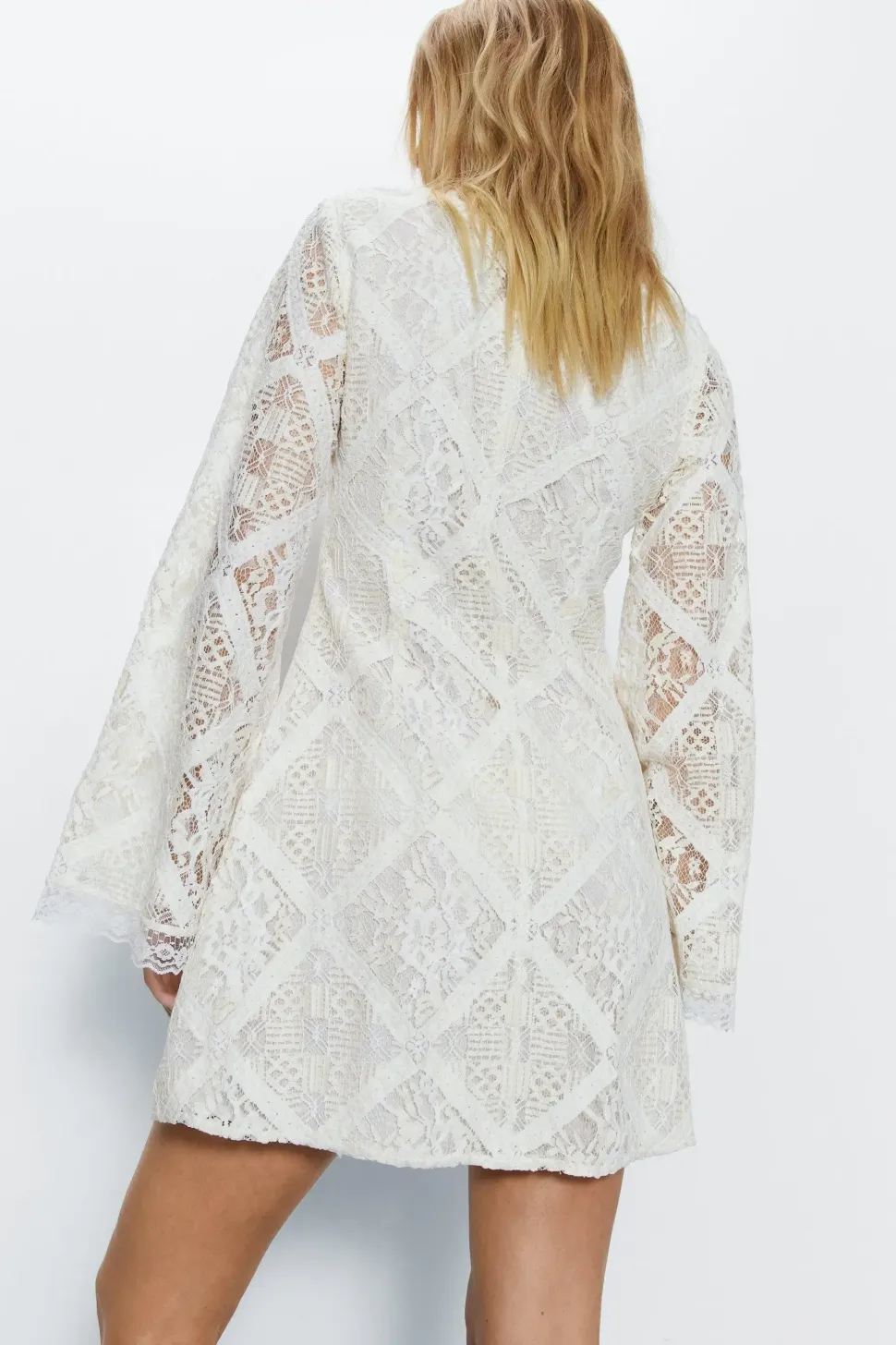 Lace Covered Button Flared Sleeve Mini Dress