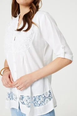 Lace Detail Collarless Button Down Shirt