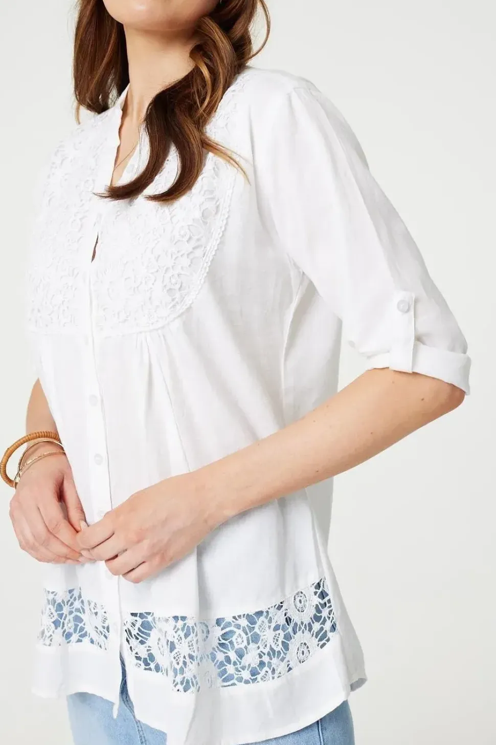 Lace Detail Collarless Button Down Shirt