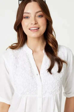 Lace Detail Collarless Button Down Shirt