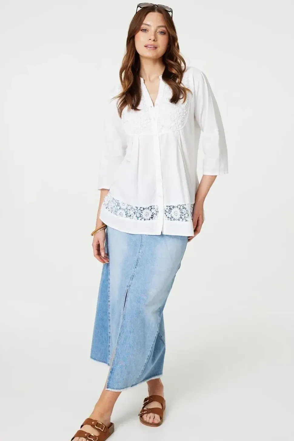Lace Detail Collarless Button Down Shirt