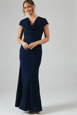 Lace Detail Cowl Front Crepe Bridesmaid Maxi Dress