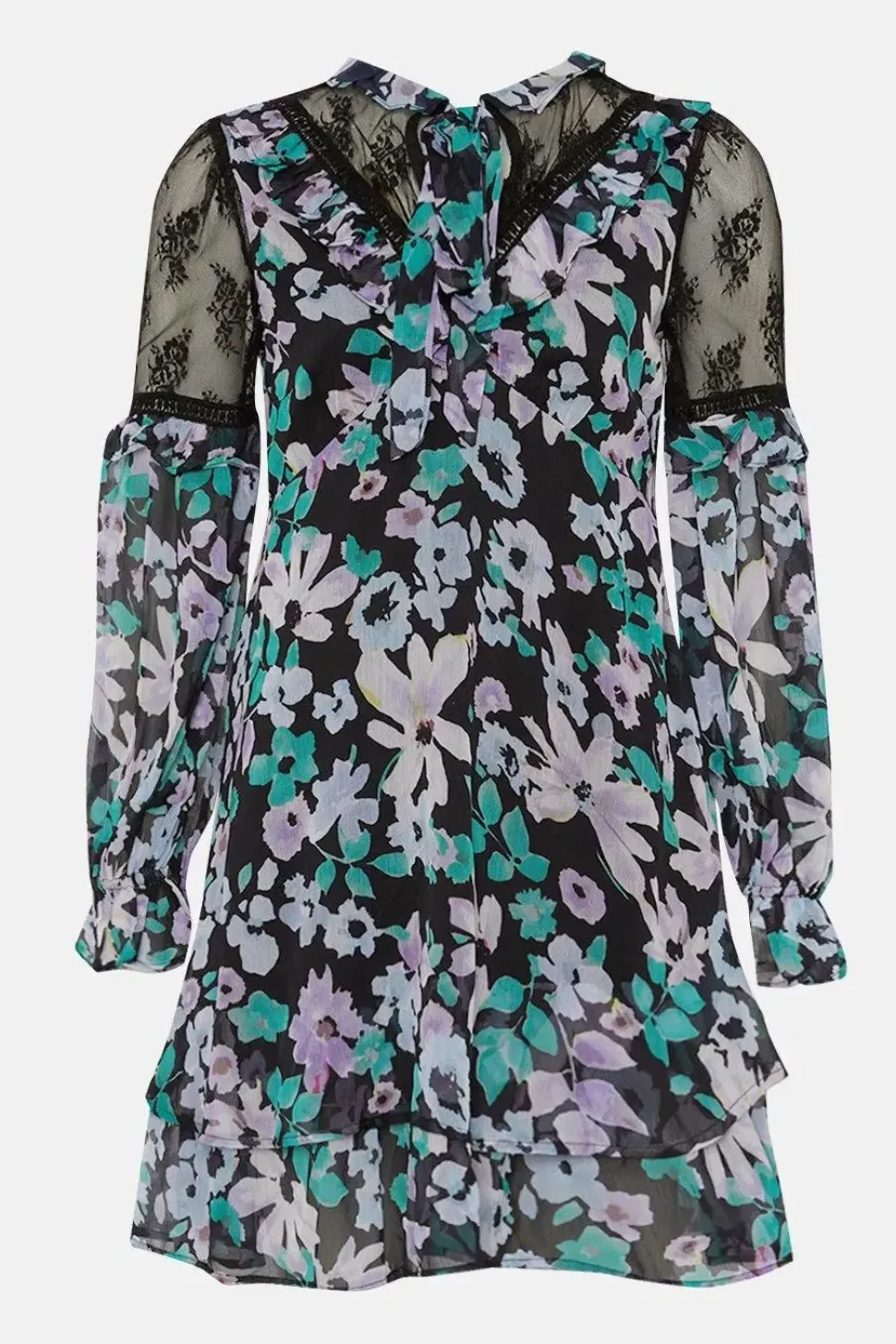Lace Detailed Floral Ruffle Tie Neck Skater Dress