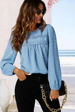 Lace Detail long sleeve Blouse Top In Blue