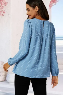 Lace Detail long sleeve Blouse Top In Blue