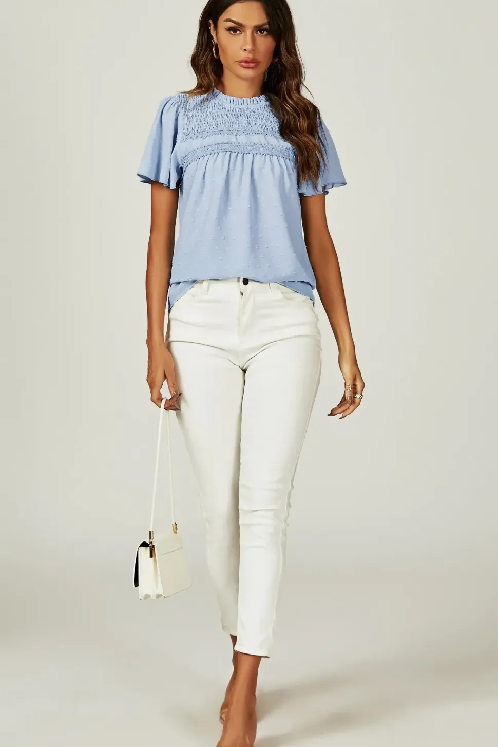 Lace Detail Short Sleeve Blouse Top In Blue