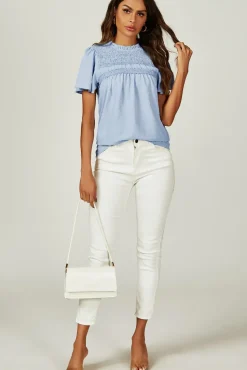 Lace Detail Short Sleeve Blouse Top In Blue