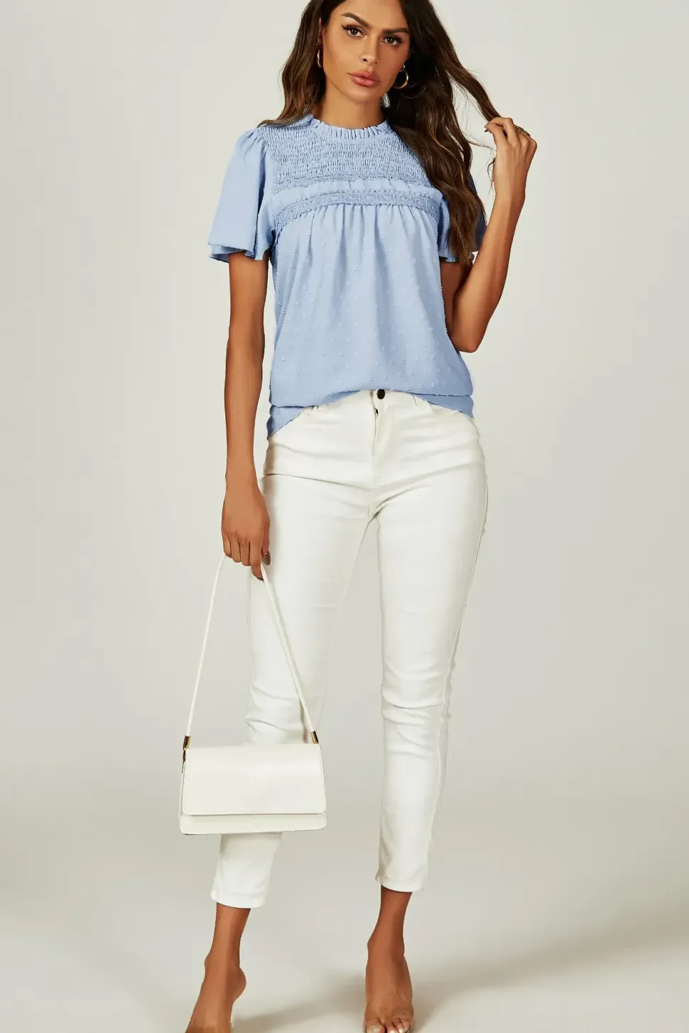 Lace Detail Short Sleeve Blouse Top In Blue