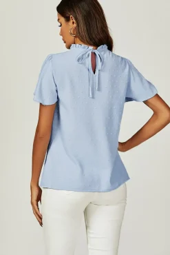 Lace Detail Short Sleeve Blouse Top In Blue