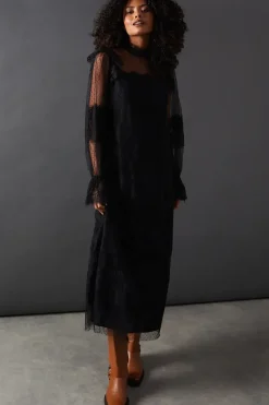Lace Dobby Ruffle Neck Midi Smock Dress