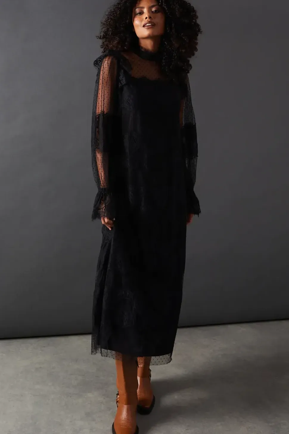 Lace Dobby Ruffle Neck Midi Smock Dress