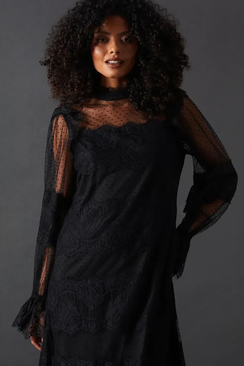 Lace Dobby Ruffle Neck Midi Smock Dress