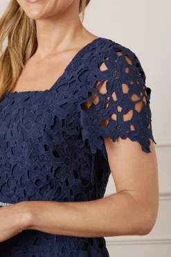 Lace Embellished Waist Cap Sleeve Midi Dress