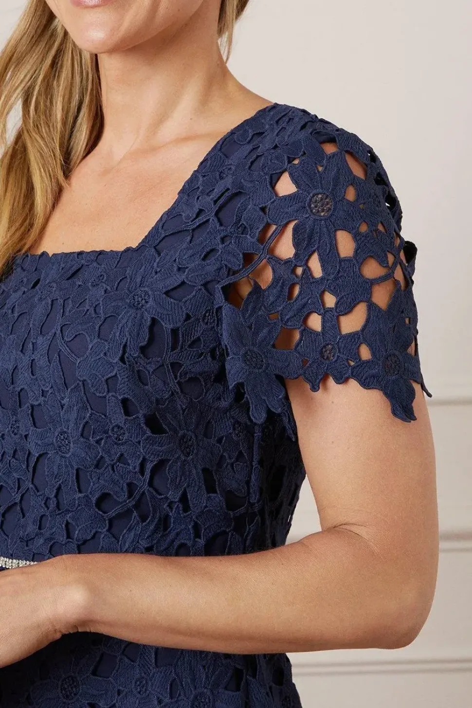 Lace Embellished Waist Cap Sleeve Midi Dress