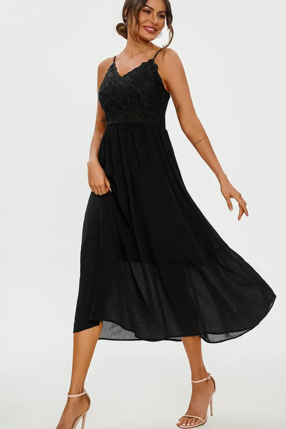Lace Embroidery Anglaise Maxi Slip Dress In Black