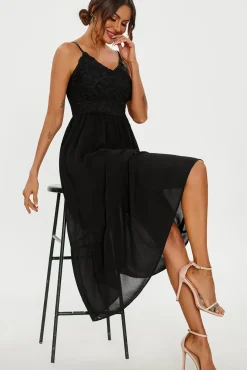 Lace Embroidery Anglaise Maxi Slip Dress In Black