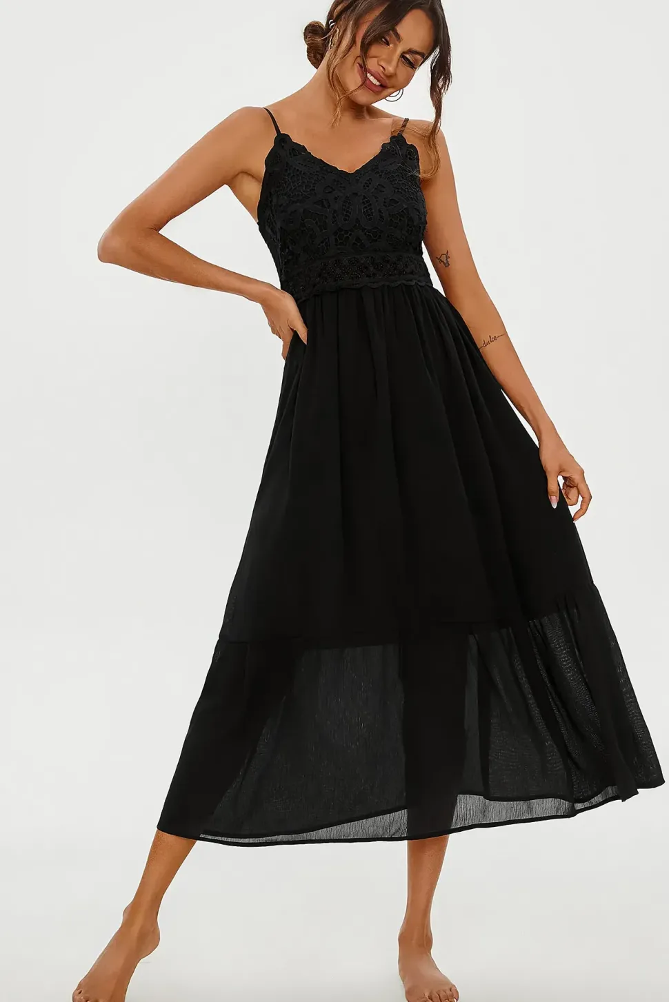 Lace Embroidery Anglaise Maxi Slip Dress In Black